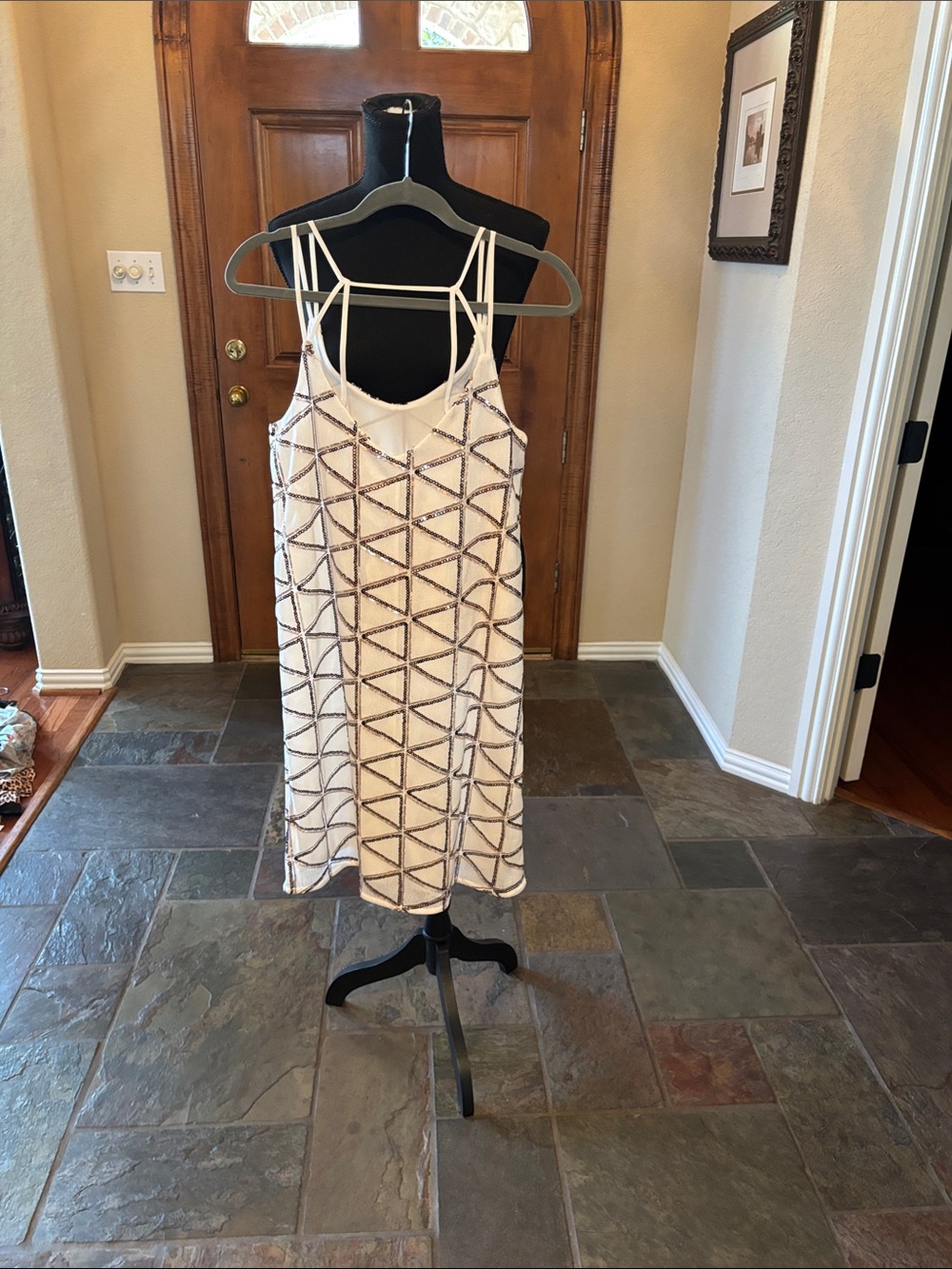 Beaded Ivory Slip Dress with Geometric Sequin Pattern